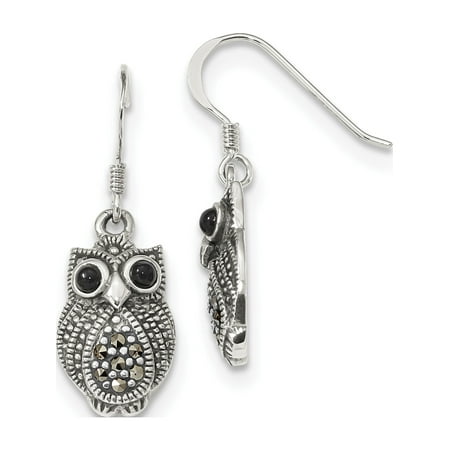 Sterling Silver Marcasite Ribbon - Leslies Fine Designer Sterling Silver Sterling Silver Marcasite & Black Agate Owl Shepherd Hook Earrings (Length=32) (Width=11)