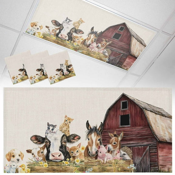 3 Pack Farm Fluorescent Light Covers for Ceiling Lights Barn Horse Sheep Cat Animal Country Retro Linen Background Magnetic Ceiling Light Covers Overhead Light Filters for Office Classroom Home
