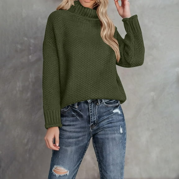 Women's Solid Color Turtleneck Sweater, Loose Fit Knit Pullover with Long Sleeves, Soft Stretchy High Neck Top, Comfortable Casual Winter Wear for Everyday Outfits and Relaxation Blackish Green L