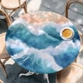 thumbnail image 3 of Abstract Waves Round Fitted Table Cover Gradient Spray Orange Blue White Waterproof Table Cloth with Elastic Edge Wipeable Tablecloth for Picnic Camping Party Fits 55"-60" Diameter, 3 of 8