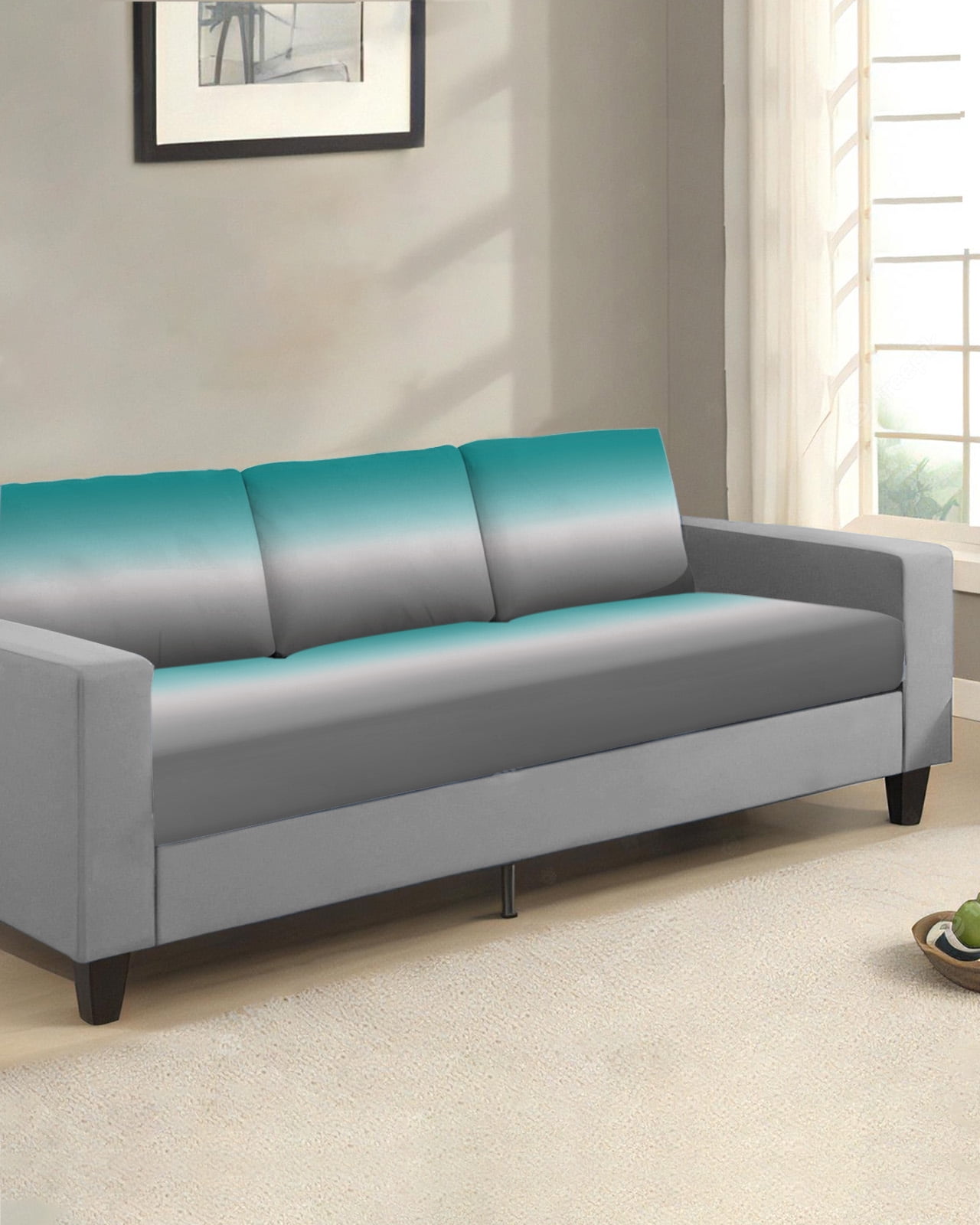 Teal Grey Ombre Couch Cushion Covers,Stretch Seat Cushion Covers for Sectional Sofa,Turquoise Gradient Modern Abstract Art Individual Sofa&nbsp;Slipcovers Furniture Protector Elastic Straps 1Pcs,S