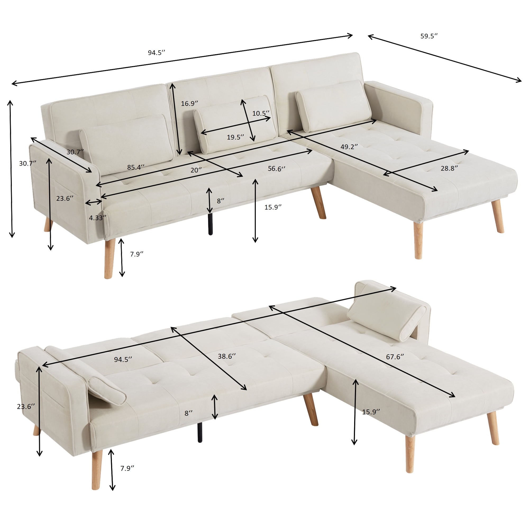 DEALTOPS Convertible Sectional Sofa Upholstered Sleeper Sofa Couch Bed with Left Chaise L-shaped Corner&nbsp;Sofa Chair for Living Room - Dark Beige