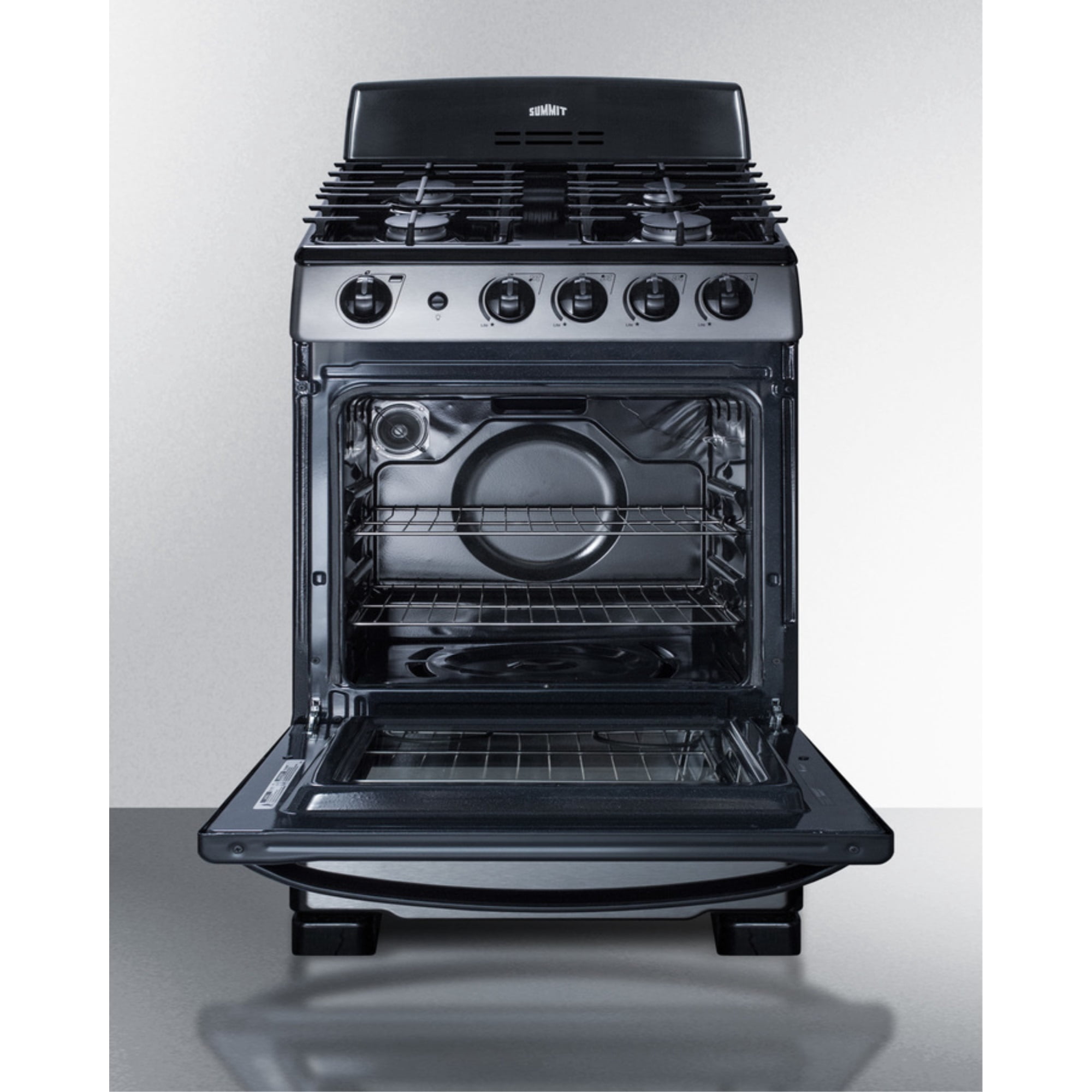 24" wide gas range (PRO247SS) and 24" wide convertible range hood (HR24RSS) shipped together