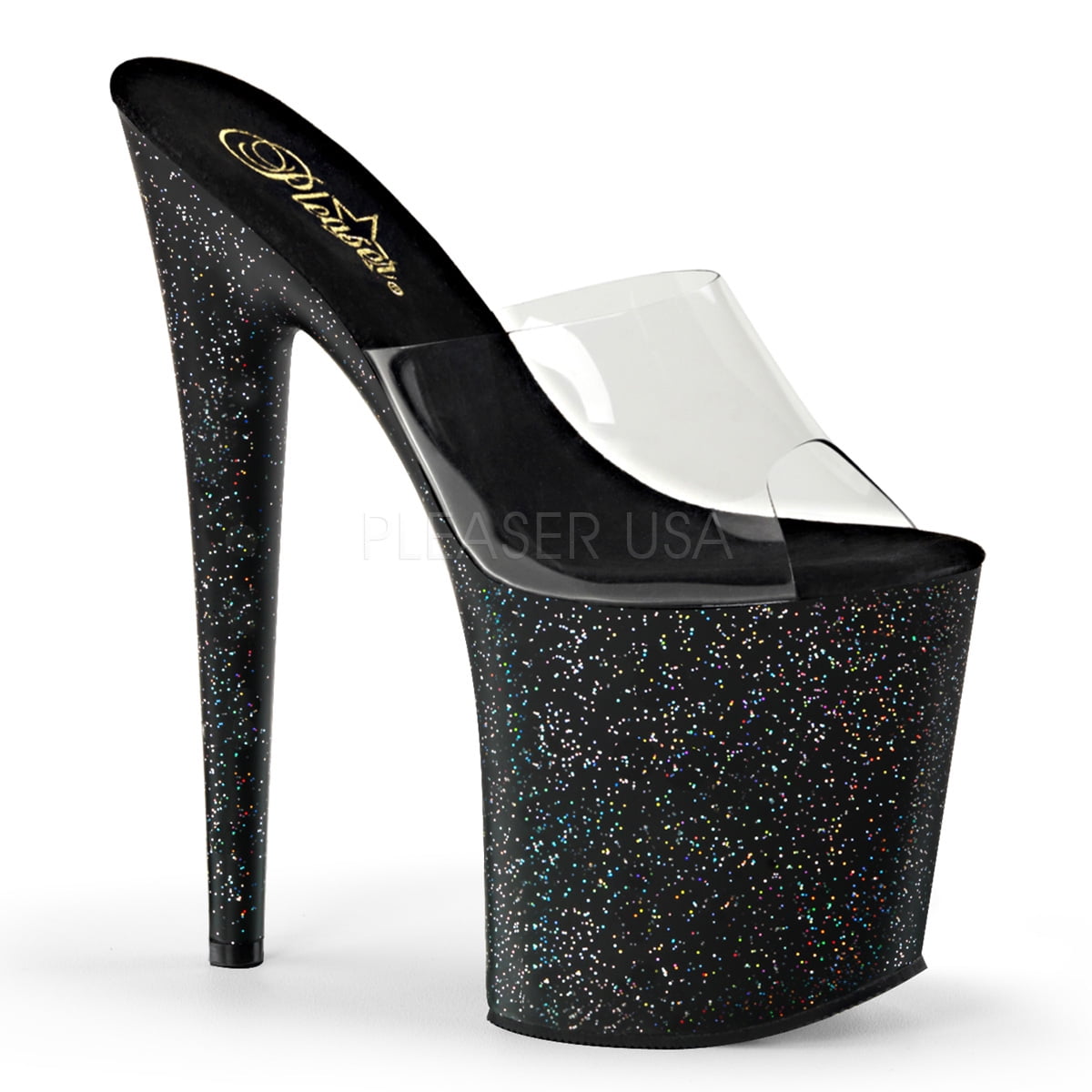 PLEASER Sandals Clear Platform Slide Mini Glitter High Heel FLAMINGO-801MG Black