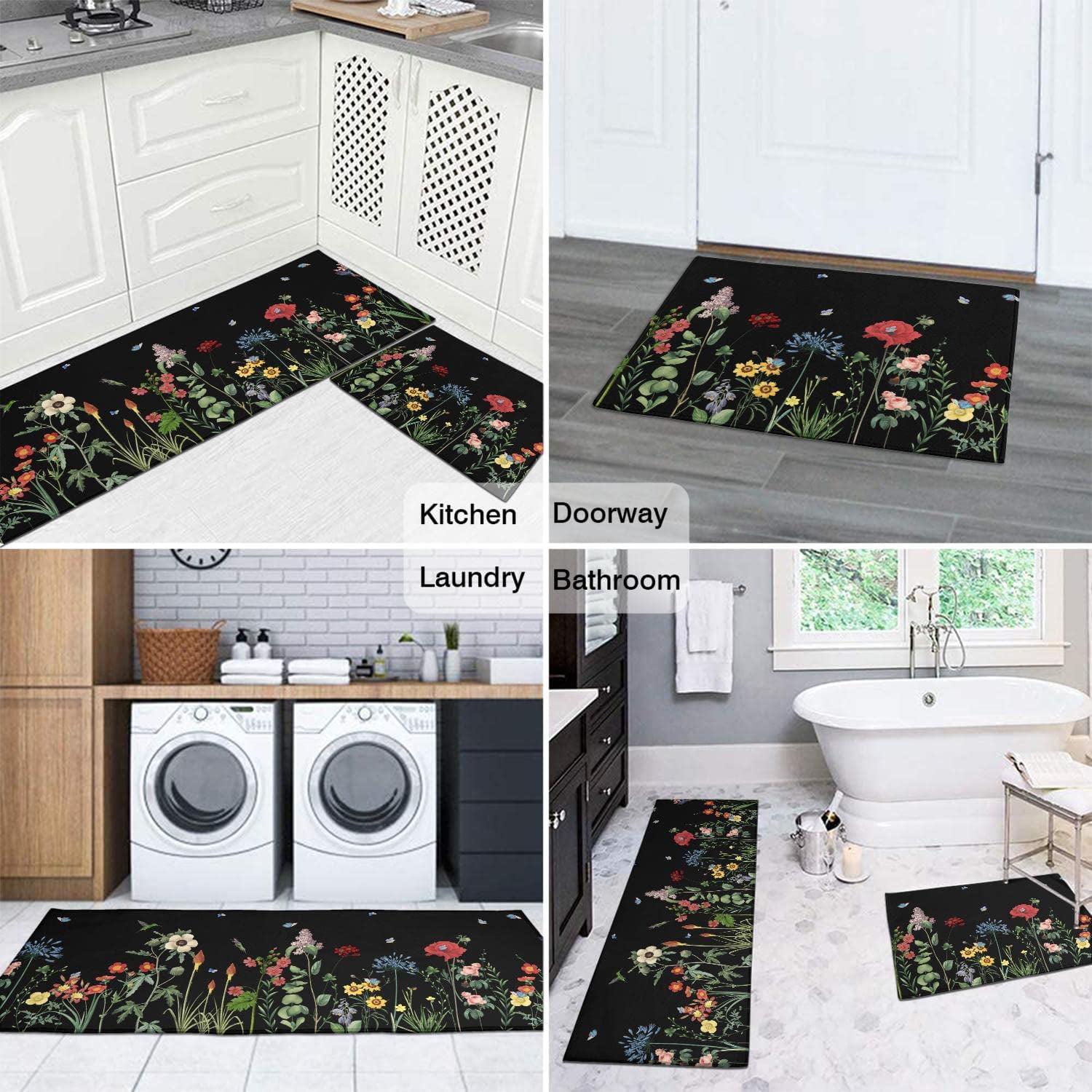 Flower Kitchen Rugs Summer Floral Kitchen Rugs and Mats Summer Kitchen Floor Mat Spring Kitchen Rugs Floral Rug for Kitchen Decorative Doormat Runner Rug for Laundry, Bedroom, Bathroom, Front Door
