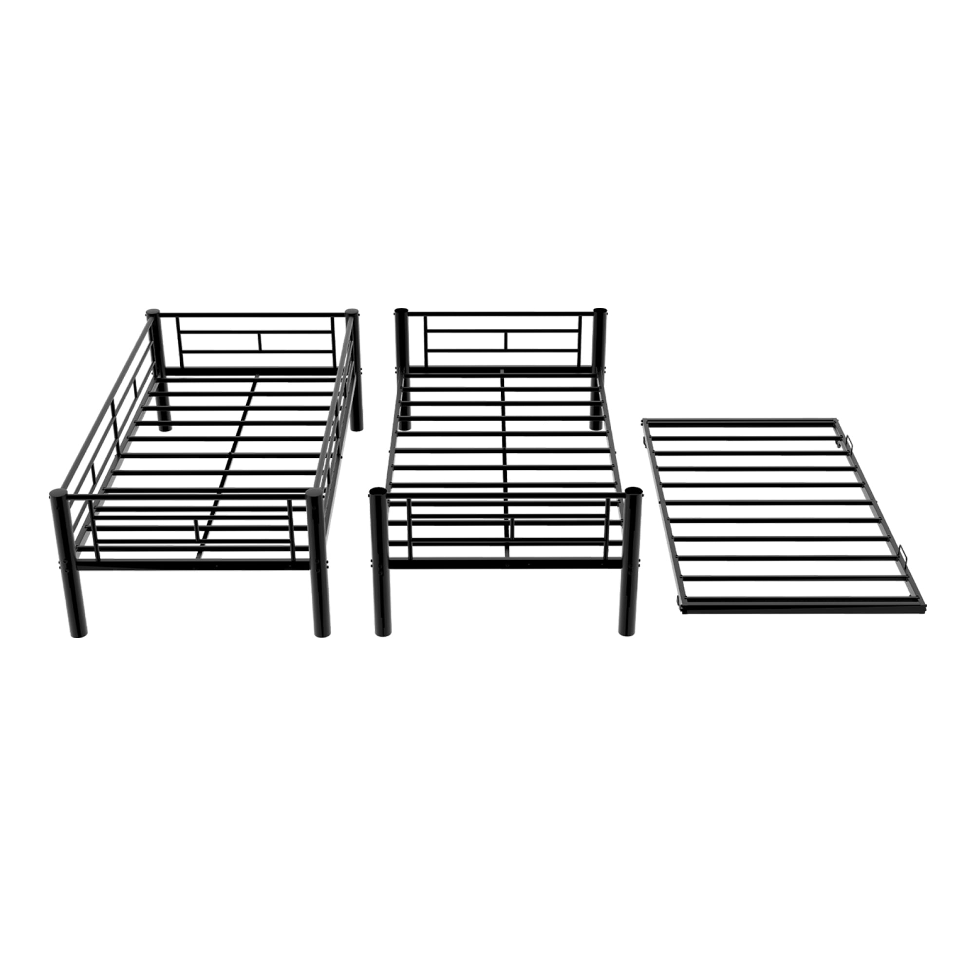 Twin over Twin Size Bunk Bed with Trundle, Heavy Duty Metal Bunk Bedframe with Ladder and Guardrails, Detachable Bunk Beds for Boys Girls