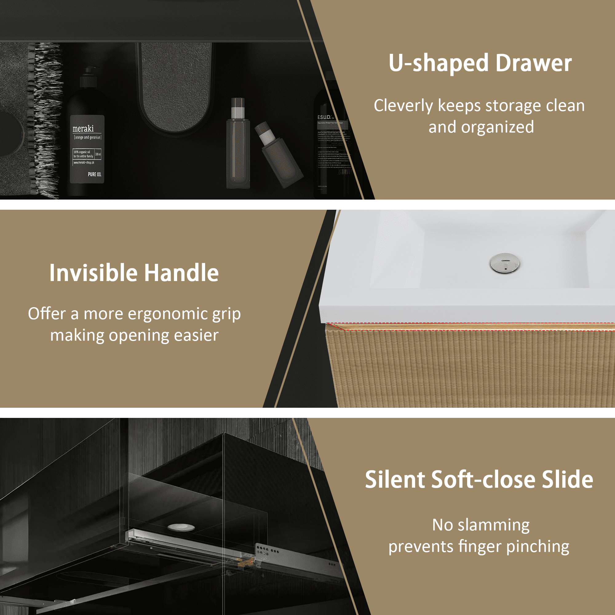 Yoneston 42" Floating Bathroom Vanity, Modern Wood Wall-Mounted Striped Bathroom Storage Cabinet with Soft Close Drawer and Glossy White Solid Surface Basin, Natural