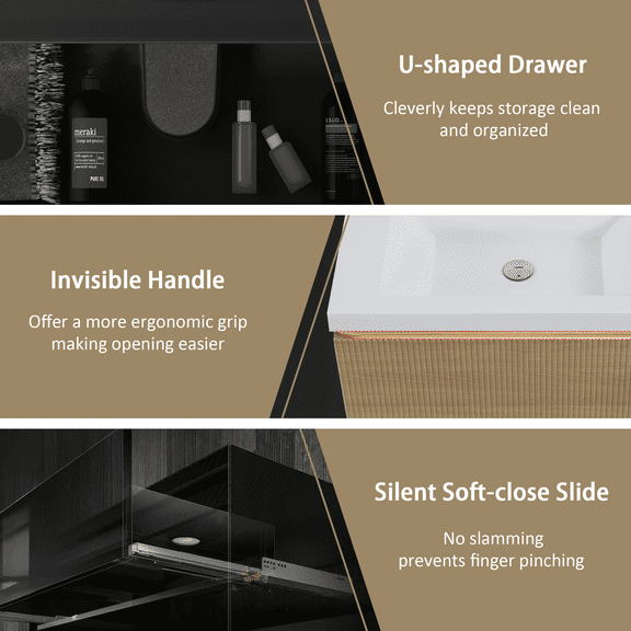 Modern Bathroom Vanity 30'' Floating Bathroom Vanity with Sink Combo, Modern Wall-Mounted Striped Bathroom Storage Cabinet with Soft-Close Drawer and Glossy White Solid Surface Basin, Natural Oak 24V