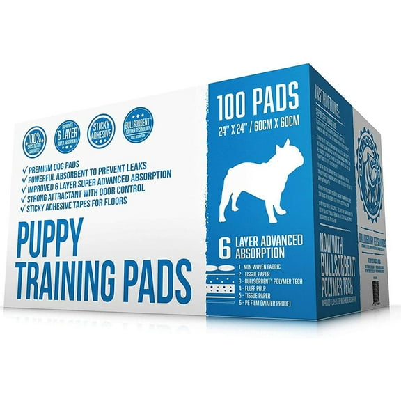 Bulldogology Premium Puppy Pee Pads with Adhesive Sticky Tape (24x24) Large Dog Training Wee Pads with 6 Layer Extra Quick Dry Bullsorbent Polymer Tech (100-Count, White)