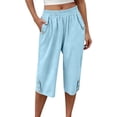 thumbnail image 2 of Linen Capri Pants for Women Elastic Waist Straight Leg Trousers Solid Color Summer Casual Loose Cropped Pants,Sizes S-3XL, 2 of 8