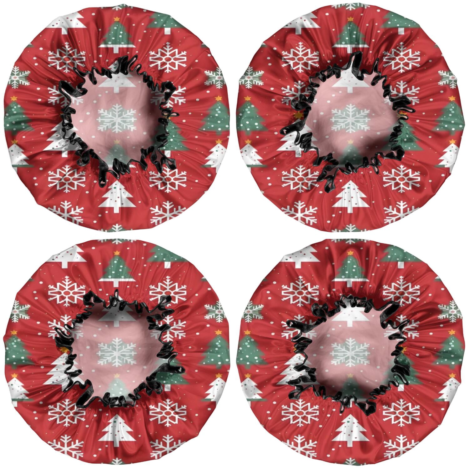 Shower Caps,Red Christmas Tree and Snowflake Pattern Waterproof Shower Cap for Women 4 Pieces,Double Reusable Hair Cover for Shower PEVA Elastic Stretch Hem