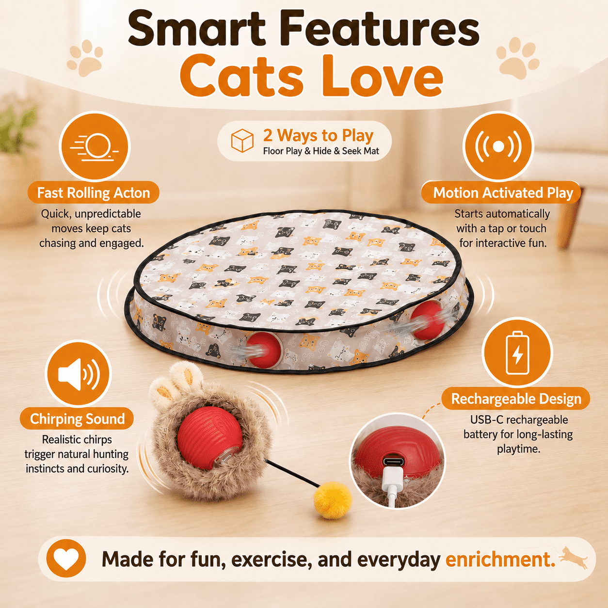 Meowball Mat, Interactive Cat Toy Fast Rolling Ball in Pouch Motion Activated Chirping for Indoor