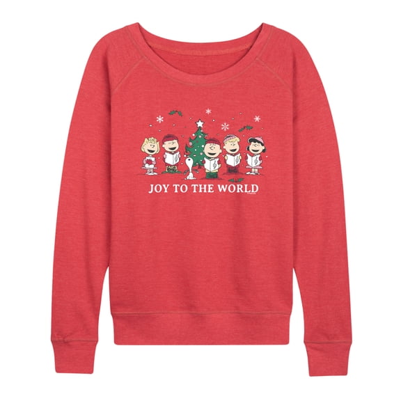Peanuts - Joy To The World Women's Lightweight French Terry Wide Neck Long Sleeve Graphic Shirt
