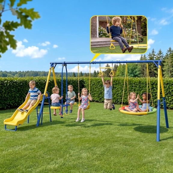 Gardwin Swing Sets Heavy-Duty Outdoor Metal Swing sets for Backyard,Playground,Outside Toys with Glider,Saucer Swing,Belt Swing,Wave Slide,Trapeze Bar Swing for 7 Kids Aged 3-12
