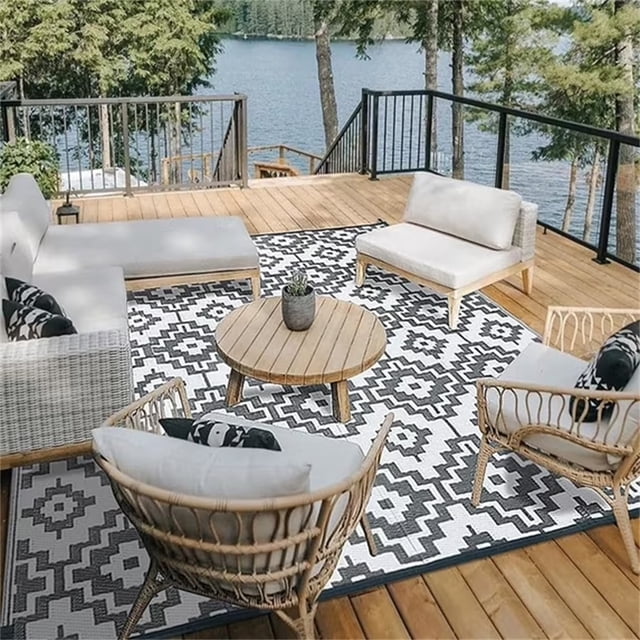 Outdoor Rugs 6'x9' on Sale Clearance Plastic Straw Waterproof Reversible Patio Rugs Geometric Lightweight Carpets for RV Camping Deck Balcony Beach Picnic Porch, Gray White