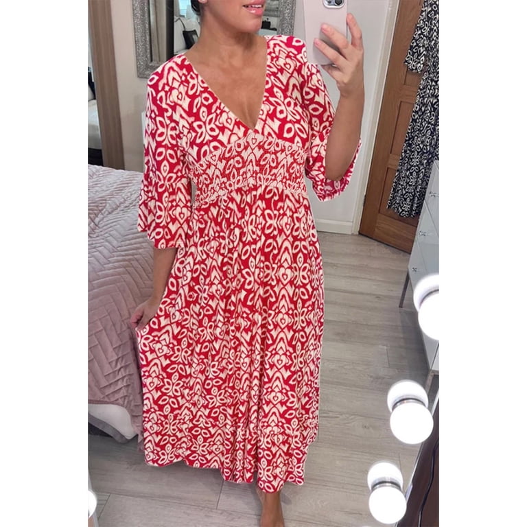 XVJRHAK Women'S Summer Dress Ladies Dress Bohemian Casual Print V Neck High Waist  Maxi Dress (Red,XL) - Walmart.com