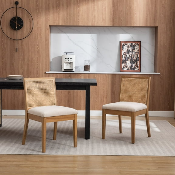 Guyou Farmhouse Rattan Dining Chairs Set of 2, Mid Century Modern Dining Side Chairs with Natural Hardwood Frame, Linen Upholstered French Guyou Kitchen Chairs for Dining Room Bistro, Beige