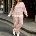 thumbnail image 2 of Enjoytime Lounge Sets for Women Striped V Neck Long Sleeve Top Wide Leg Pants 2 Piece Outfits Soft Loose Casual Plus Size Matching Set, 2 of 6