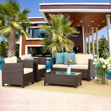 4 Piece Outdoor Patio Furniture Set Wisteria Lane Garden Rattan Wicker Sofa Cushioned with Coffee Table Brown