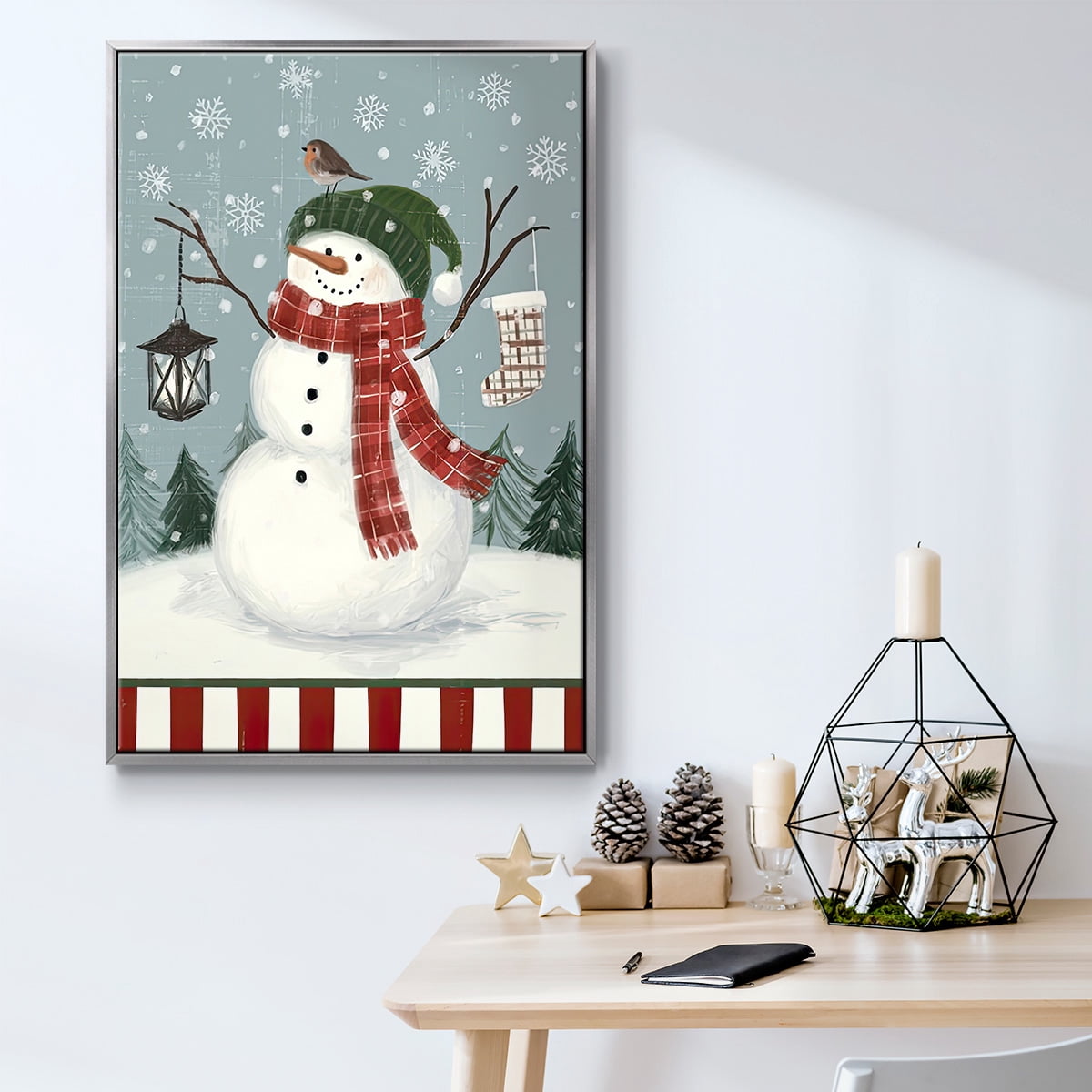Jolly Snowman Collection B - Framed Gallery Wrapped Holiday Canvas - 27 x 41 - Silver Frame
