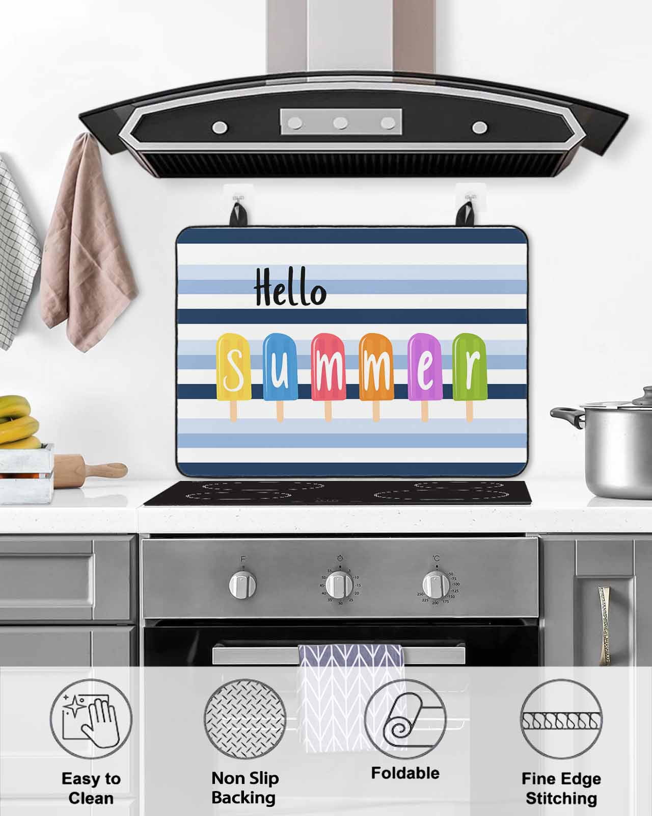 nqOlkjepod Large Induction Cooktop Protector Mat 24"x21", Hello Summer Stove Top Covers for Electric Stove, Watercolor Blue Striped Colorful Ice Cream Stove Burner Cover Mats, Glass Top Stove Cover