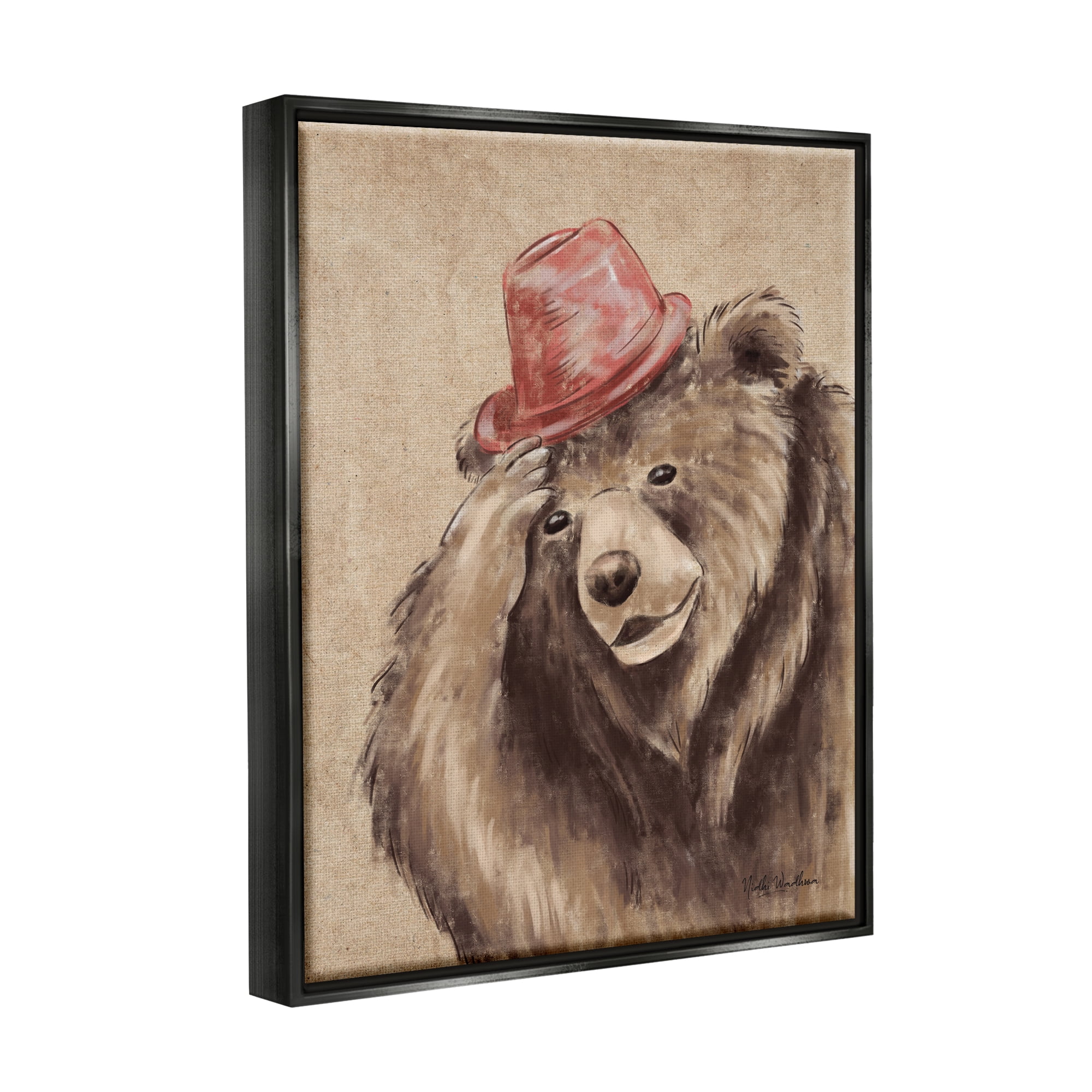 Stupell Industries Brown Bear in Hat Animals & Insects Painting Black Floater Framed Art Print Wall Art, 25 x 31