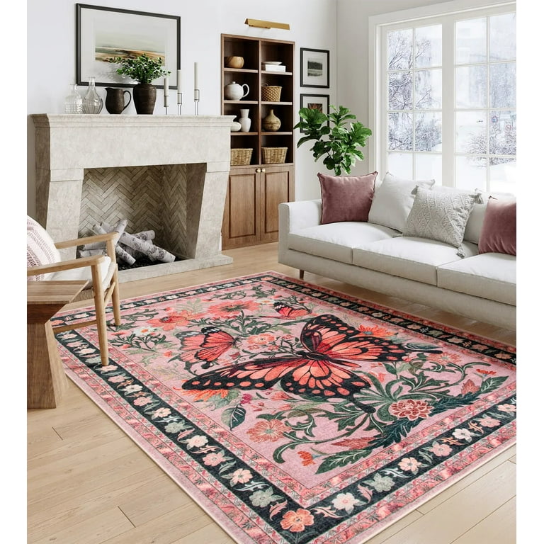 SUNDEREY Butterfly Pink Rugs for Bedroom, 8'x10' Washable Area