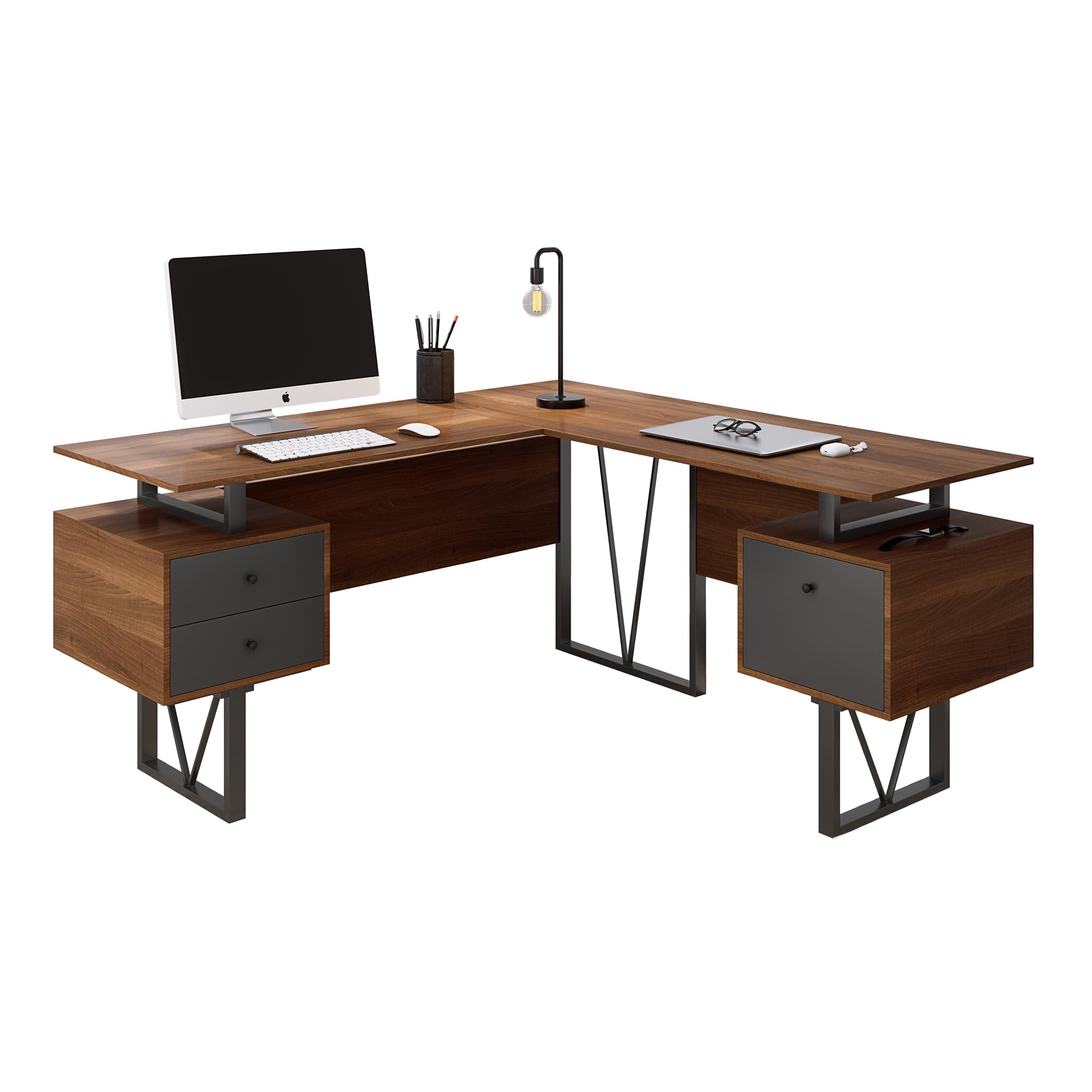 Techni Mobili Reversible L-Shape Computer Desk with Drawers and File Cabinet, Walnut/Gray RTA-4809DL-WAL