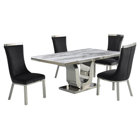 White Marble 5pc Dining Set with Silver Stainless Steel and 4 Chairs