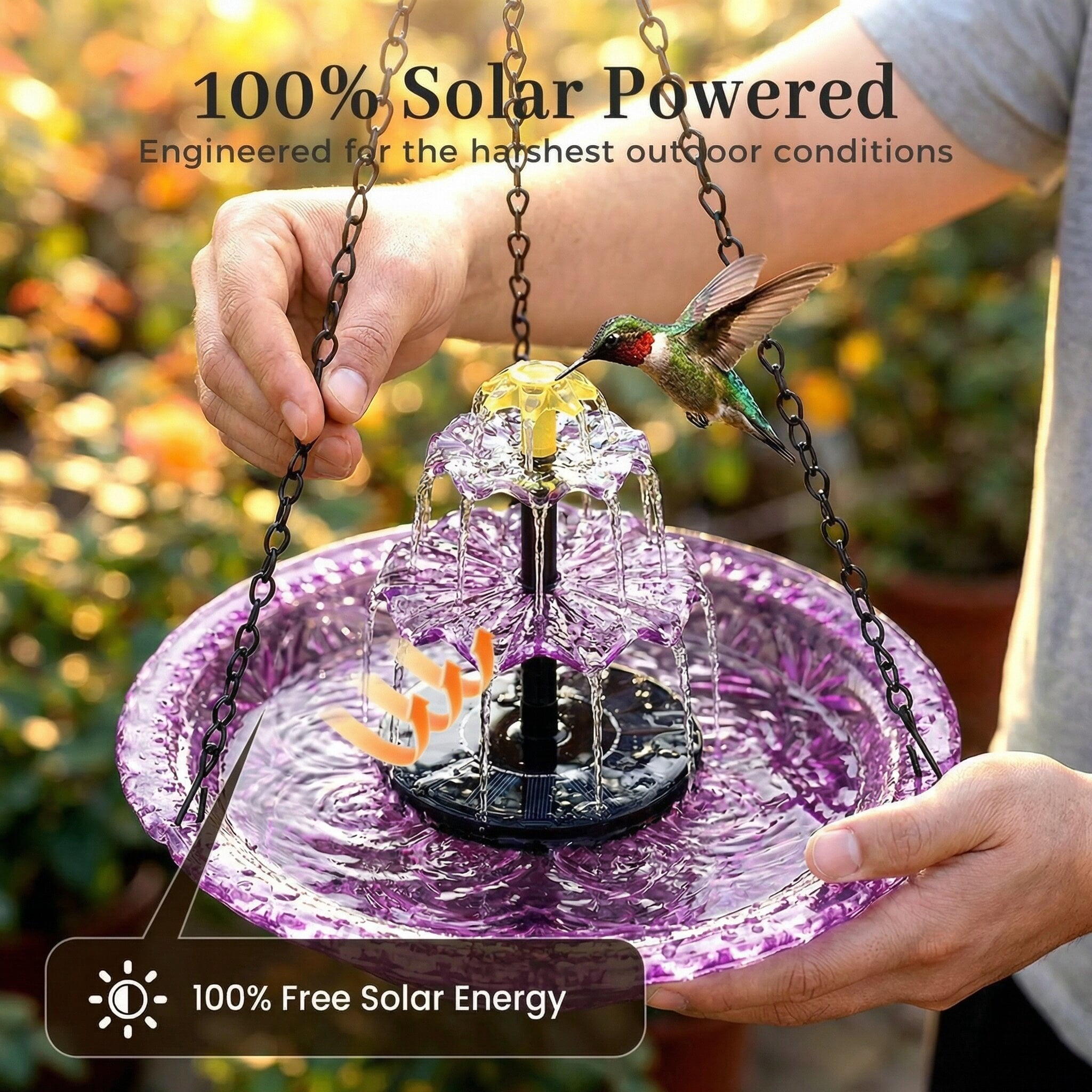 ValueAgain Solar Cascade Hanging Bird Bath Fountain, Outdoor Hanging Bird Bath with Solar Fountain, Large Humming Bird Baths are Suitable, with Solars Pump & Bowl,for Outdoor, Gardens, Purple