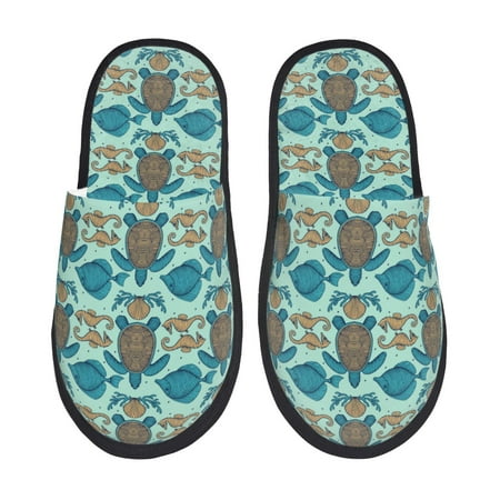 Balery Turtles And Seahorses Slient Indoor Furry Fleece Comfort House Shoes Soft Non-Slip Home Shoes Cotton slippers House Slippers-- Medium