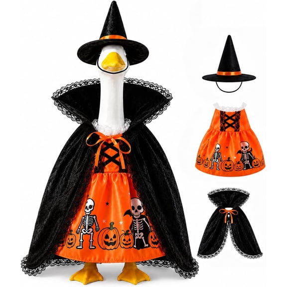 Halloween Porch Goose Outfits for 23'' Lawn Geese Statue Goose Costume with Pumpkin Dress Witch Hat Lace-Trim Cape, Outdoor Garden Goose Decor for Patio Yard Lawn Art Halloween Ornament