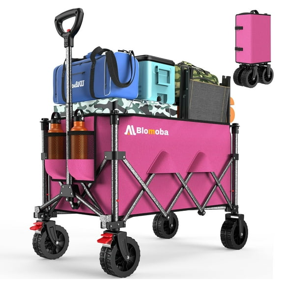 Blomoba Collapsible Wagon Cart 220Lbs Heavy Duty Foldable Beach Wagon With Wider Wheels & Auto-Rebound Handle Utility Grocery Shopping Cart For Garden Shopping Camping Sports Pink