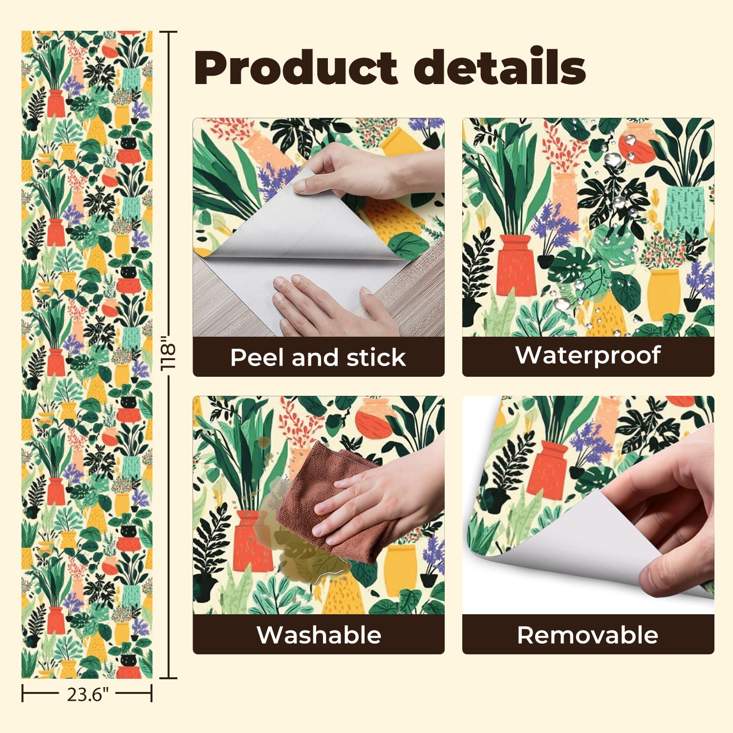 Peel and Stick Wallpaper 23.6in x 9.8ft Colorful Potted House Plants Tropical Leaves Contact Paper Vinyl Self-Adhesive Removable Wall Paper for Bedroom DIY Home Decor Renter Friendly