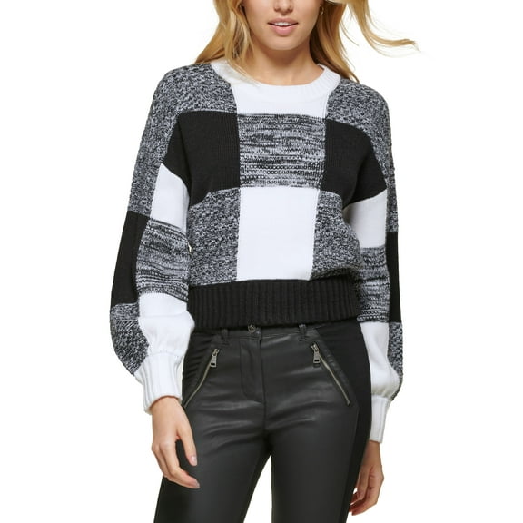 Women's Box Plaid Long-Sleeve Pullover Sweater Black/White XS