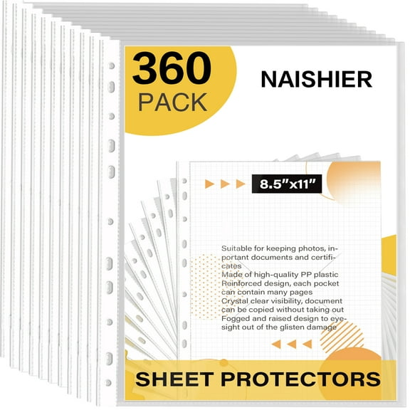 NAISHIER Sheet Protectors, 360 Pack Heavy Duty Clear Plastic Page Protectors Sheet Reinforced 11-Hole Fit for 3 Ring Binder Fits Standard 8.5 x 11 Paper, 9.25 x 11.25 Top Loaded, Non-Acid