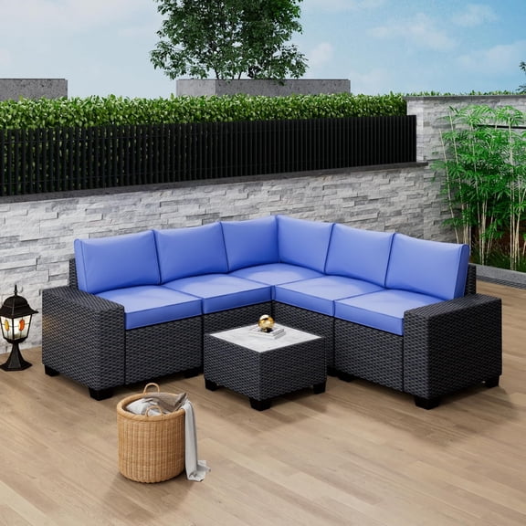 6Pcs Outdoor patio Sectional Furniture PE Rattan Sofa Set, All Weather Wicker Modular Patio Conversation Couch Sets with Coffee Table & Thickened Cushions for Backyard, Poolside, Coffee & Blue