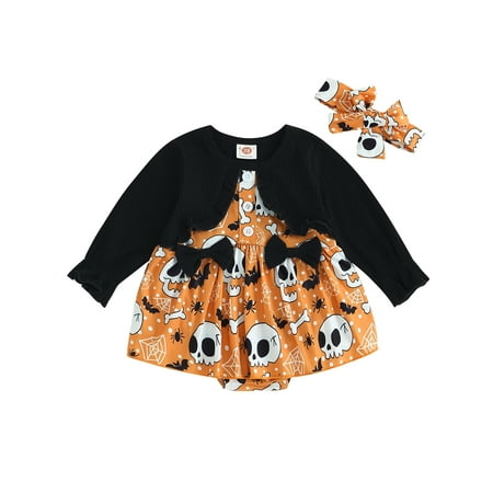 

Qtinghua Baby Girl 2Pcs Halloween Outfits Long Sleeve Skull Print Romper with Headband Set Infant Fall Winter Clothes