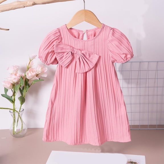 Summer Girls Dresses Cute Short Puffed Sleeve Size 0-6 Toddlers Kids Lightweight Bowknot Solid Pullover Crewneck Beach Dress