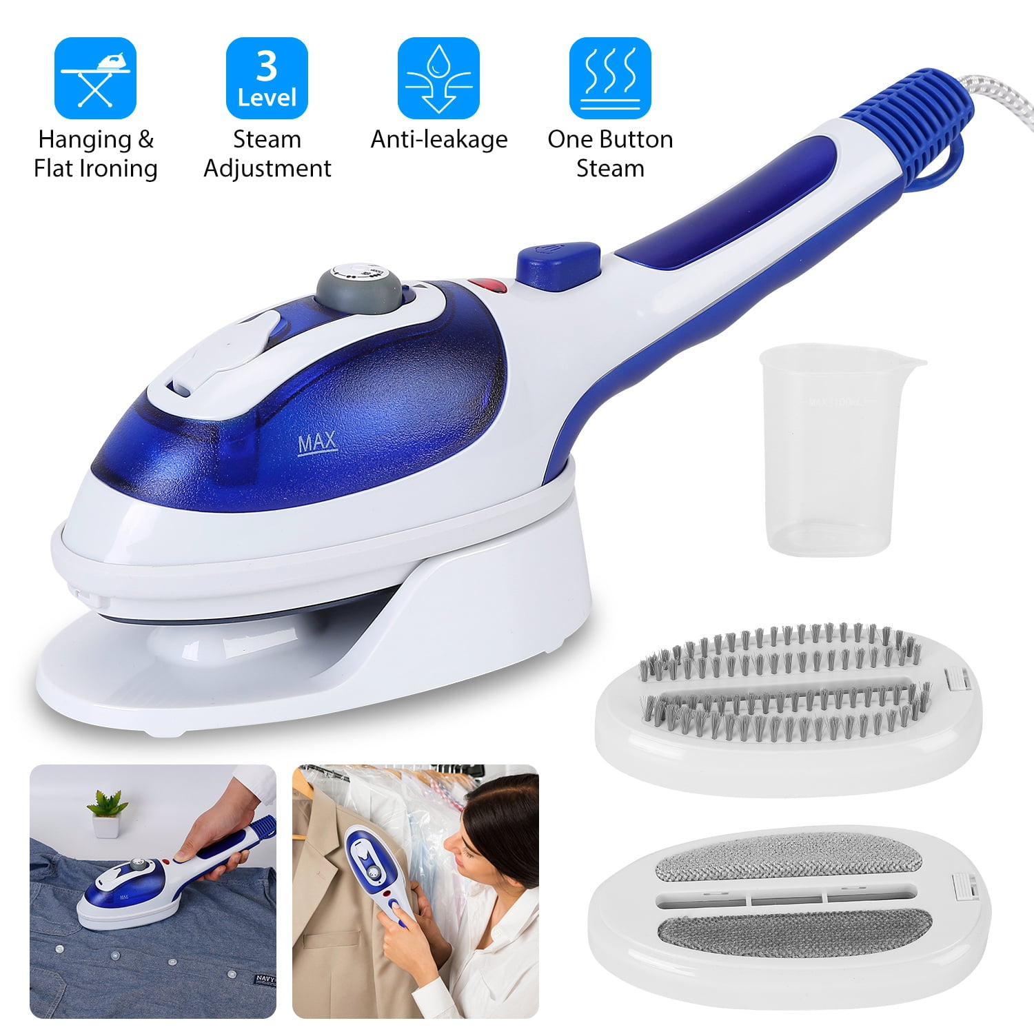 Handheld Garment Steamer 800W Portable Electric Steam Iron 3 Adjustable Levels Ceramic Soleplate 100Ml Water Tank 2 In 1 Flat Hanging Ironing Anti Leakage Fabric Clothes Steamer Travel Home