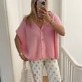 thumbnail image 5 of Womens Summer Oversized Short Sleeve Button V Neck Casual Knit Sweater Tops Pink M, 5 of 6