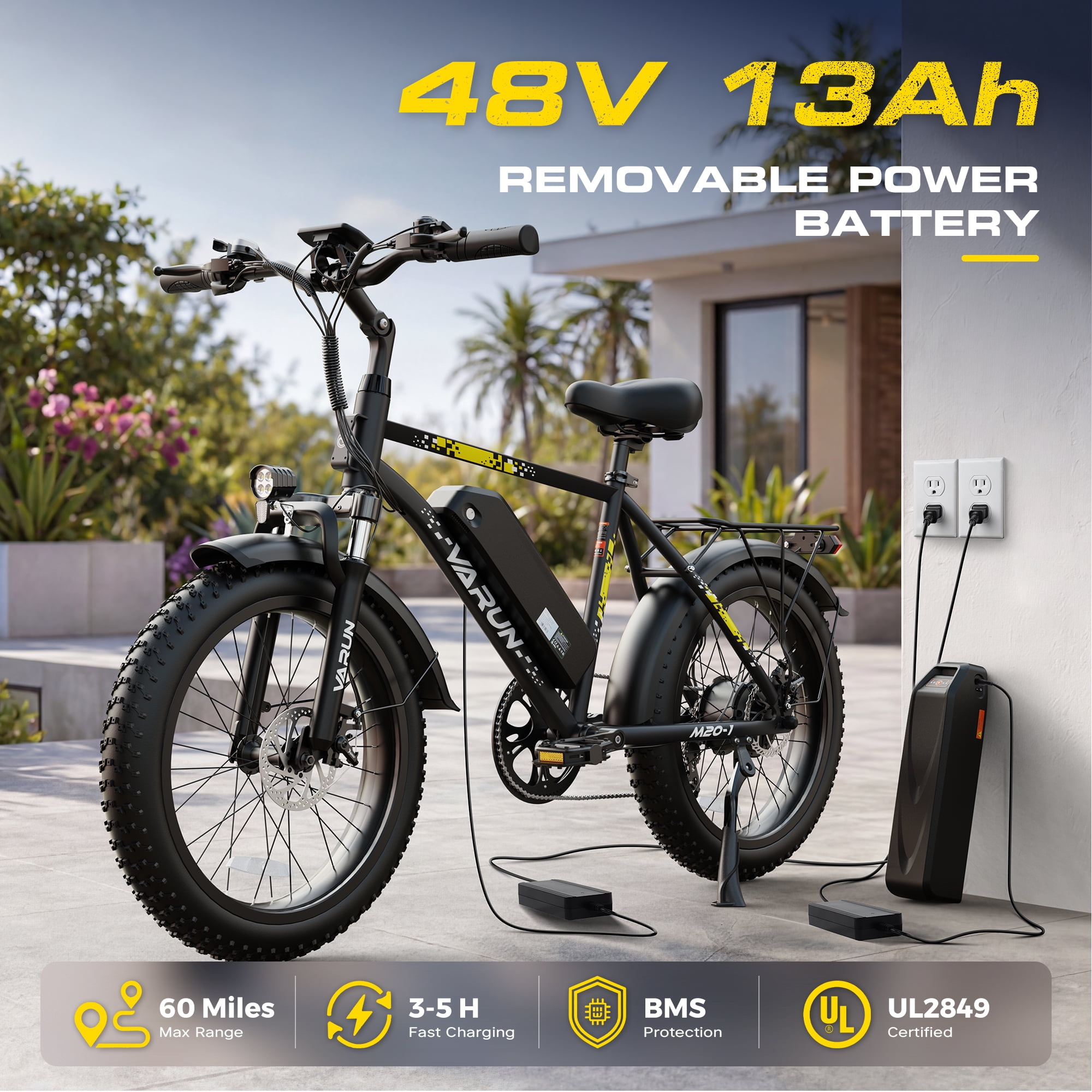 VARUN Electric Bike, 20" Fat Tire EBike for Adults with Peak 750W 48V 624Wh Removable Battery, Electric Mountain Bike for Men & Women with Top 20MPH 60Miles,7 Speed, Rear Rack, UL2849