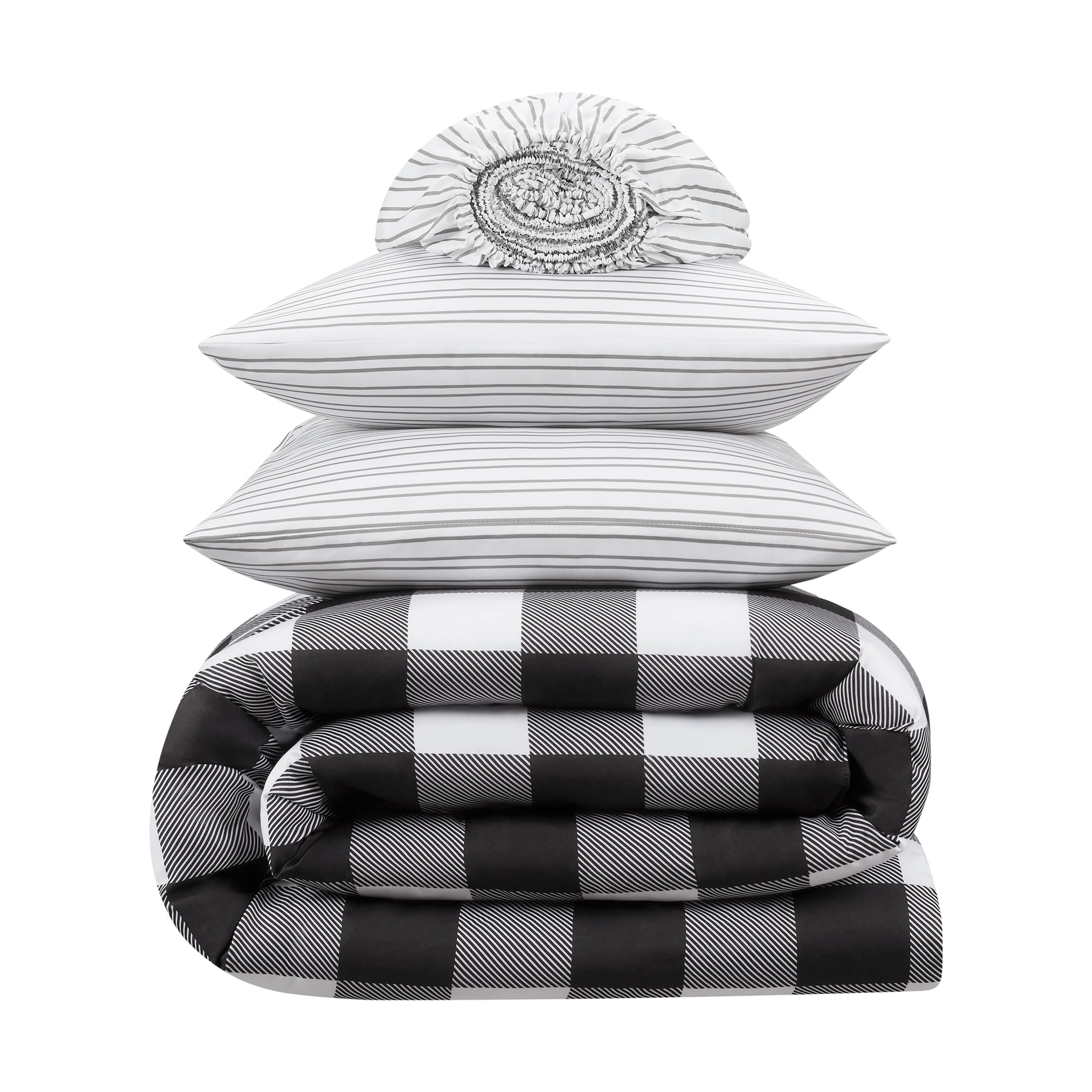 Serta Simply Clean Alex Black Buffalo Check Plaid 7-Piece Bedding Set, Queen