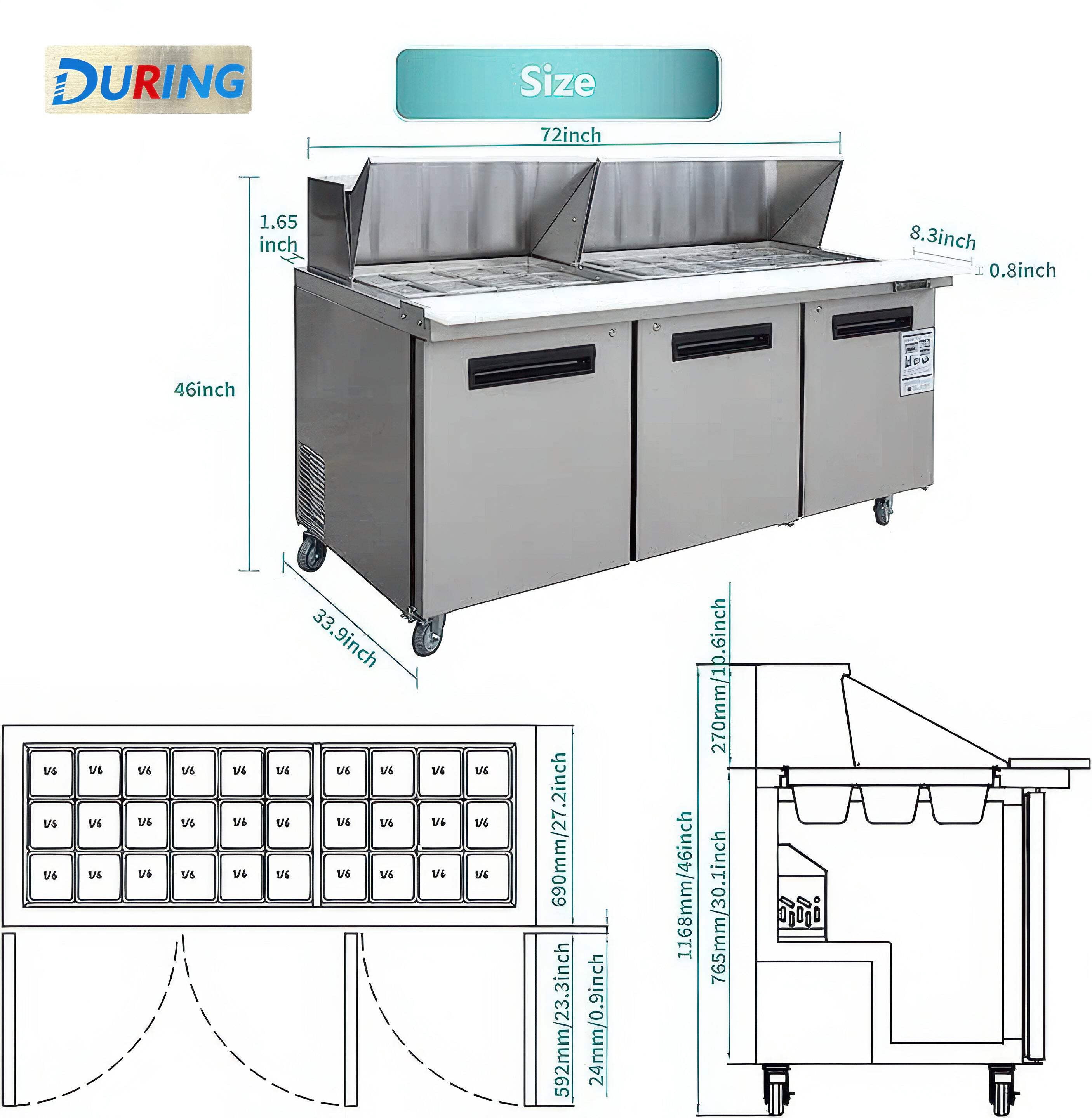 DURING D-KSR-72BM 72" W 3 Door Mega Top Refrigerator Sandwich  Salad Prep Table Commercial Refrigerator in Stainless Steel