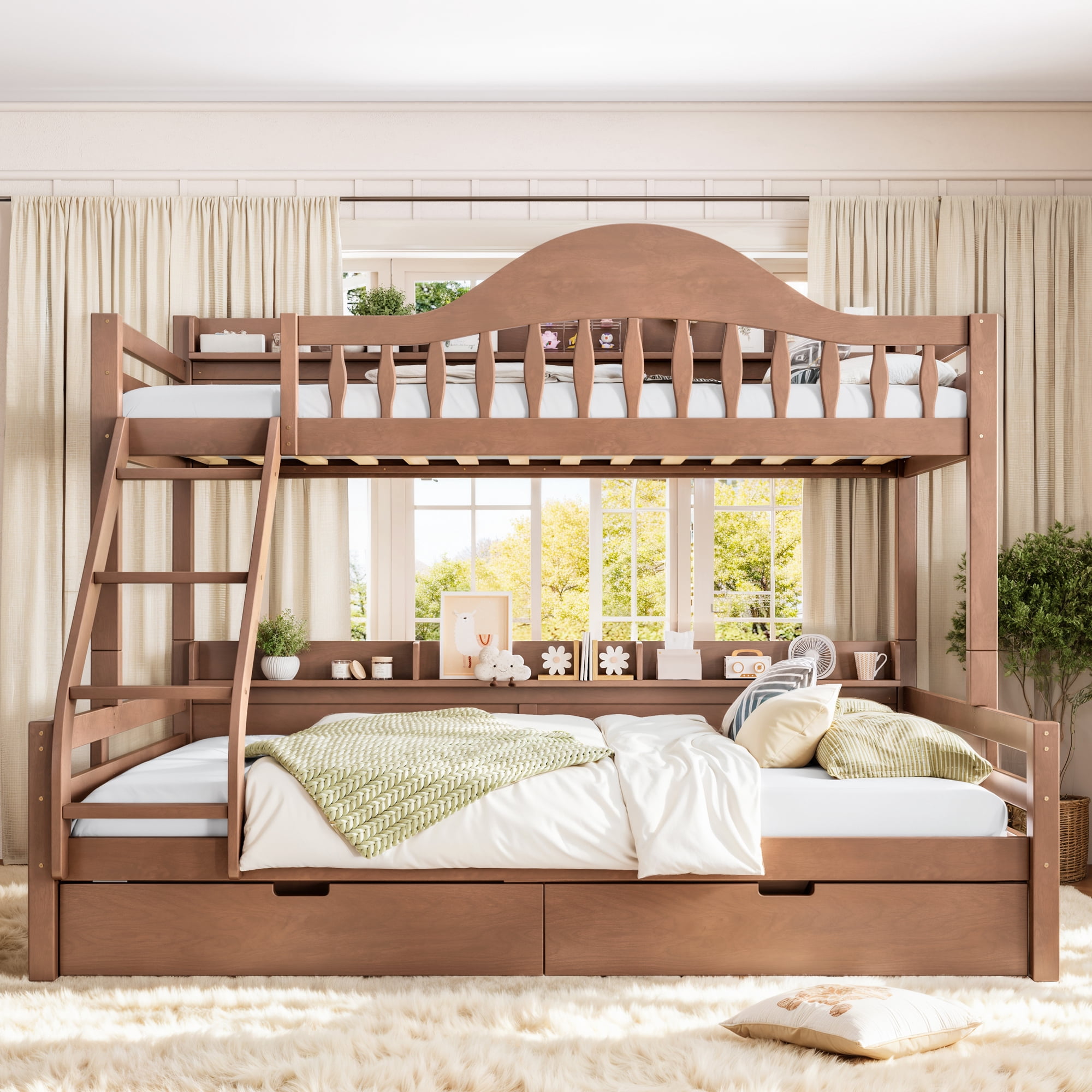 Leumius Twin XL over Queen Bunk Bed with Storage Drawers, Chic Curved Guardrail & Side Storage Shelves, Bunk Bed Frame with Ladder Deep Natural