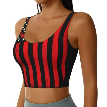 Picia Nautical American Flag Sports Bra for Women Padded Strappy Sports Bras Medium Support Yoga Bra with Removable Cups Running Yoga Bra-Small