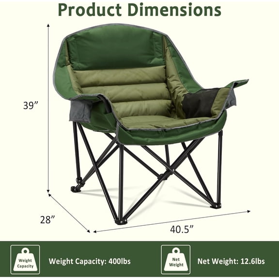 Oversized Camping Chair, Portable Folding Camping Chairs with Side Pocket, Cup Holder and Carry Bag, Heavy Duty Outdoor Camping Chairs for Adults, Fishing, Sports, Trip, up to 400lbs