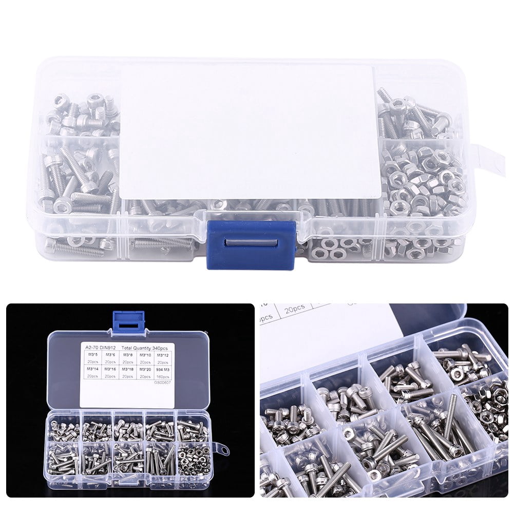 Gegong 340pcs M3 Stainless Steel SS304 Hex Socket C AP Head Screws And Nuts Assortment,Hex Socket Screws, Fastener