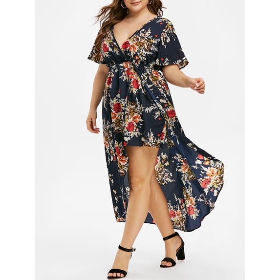 Rosegal Plus Size Floral Print Bell Sleeve High Low Maxi Dress Lapis Blue L