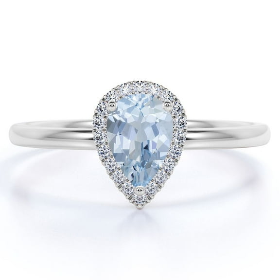 JeenMata 1 Carat Pear Shaped Created Aquamarine Halo Wedding Ring in 18k White Gold over Silver